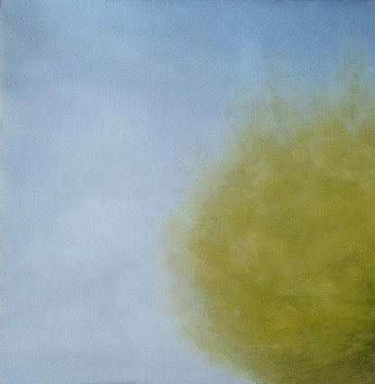 Quiet river bank oil painting by Vasily Korkishko, pale blue to yellow gradient