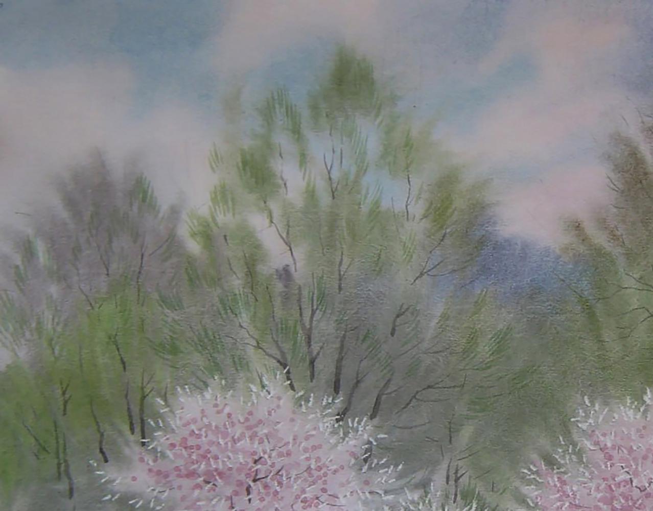 Watercolor painting of blooming pink cherry blossoms by Valery Savenets