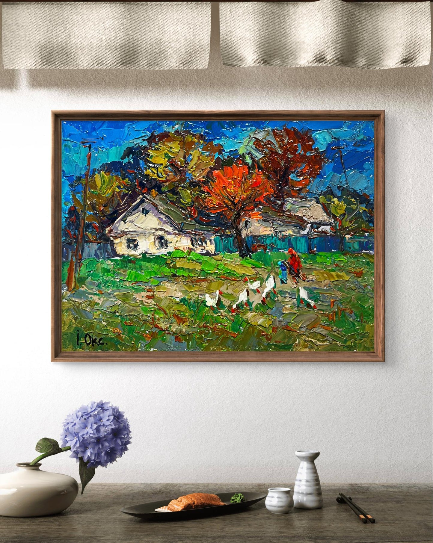 Framed impressionist oil painting Village street by Oksana Ivanyuk