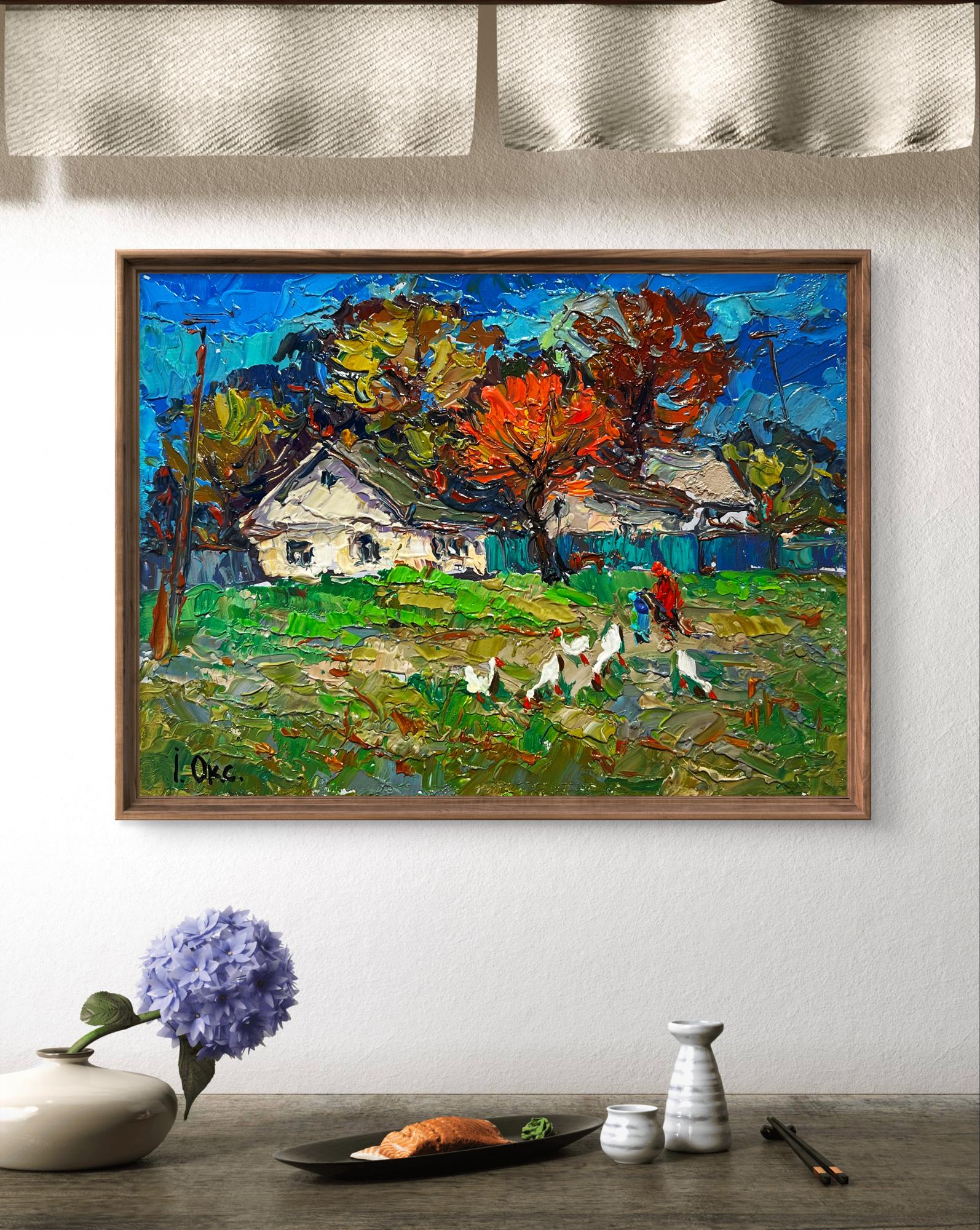 Framed impressionist oil painting Village street by Oksana Ivanyuk