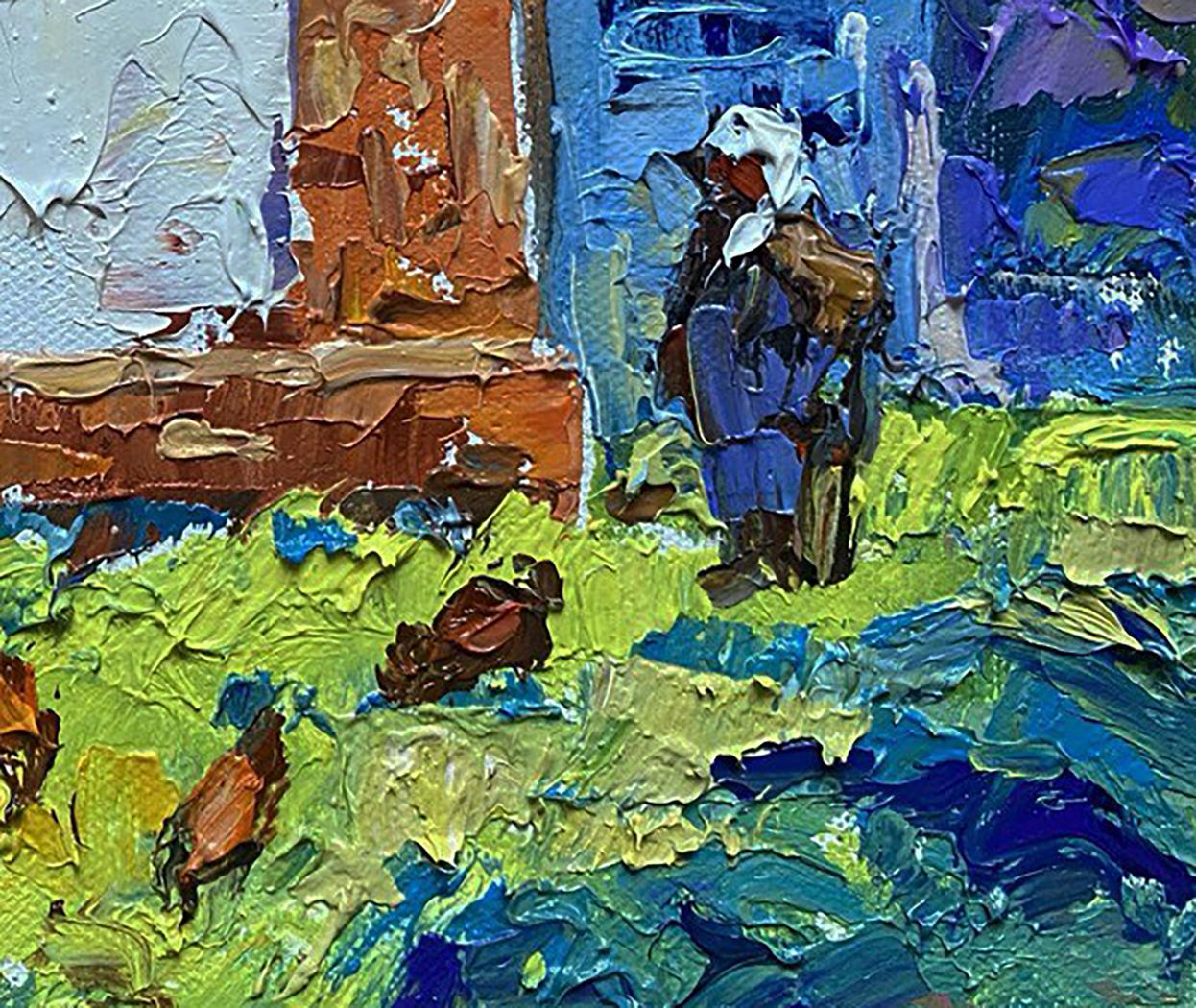 Oil painting There are chickens in the yard by Oleksiy Ivanyuk with blue figure in green grass