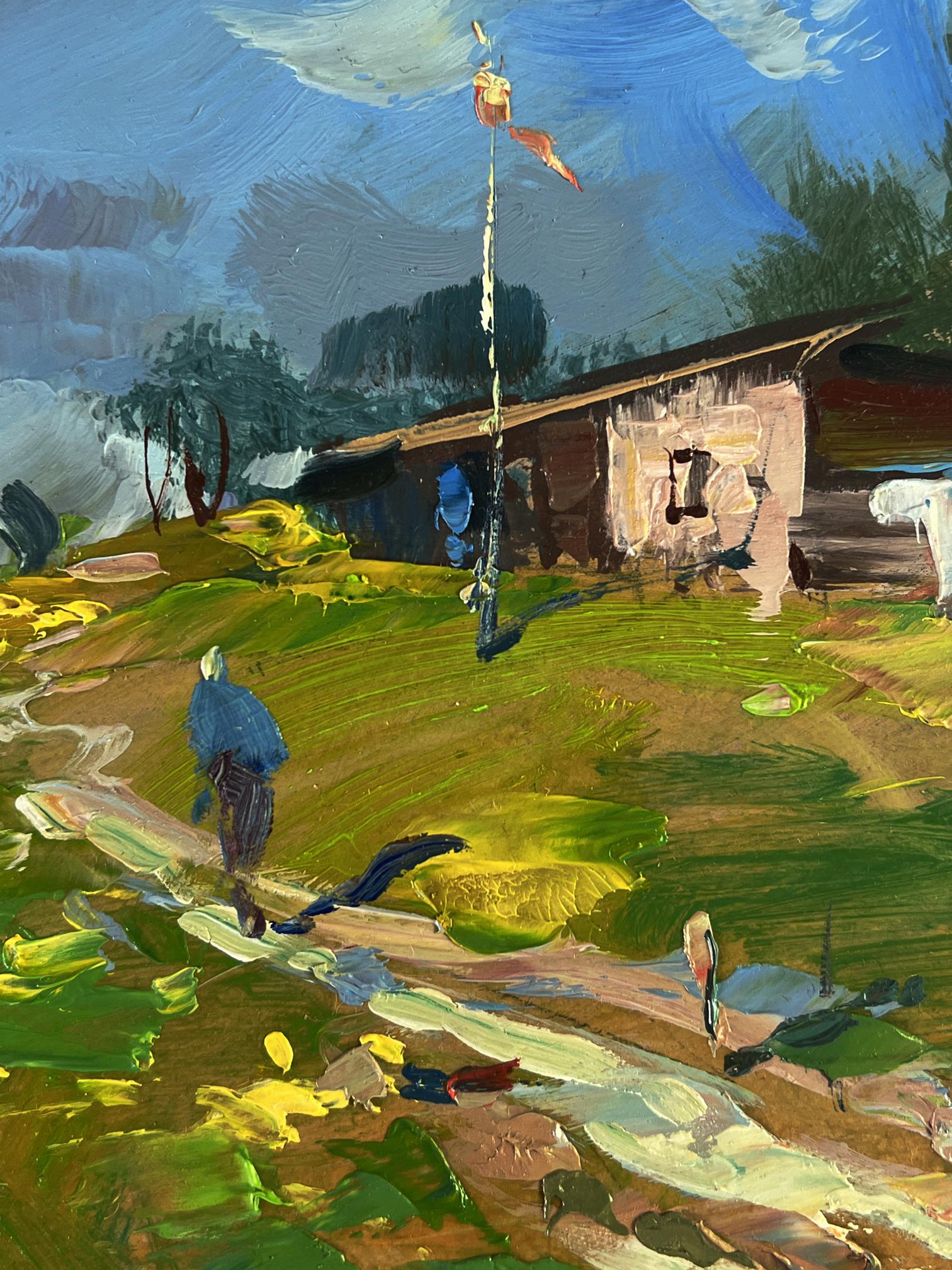 Oil painting The way home by Yuriy Suprunchuk: rustic shed in impressionistic landscape