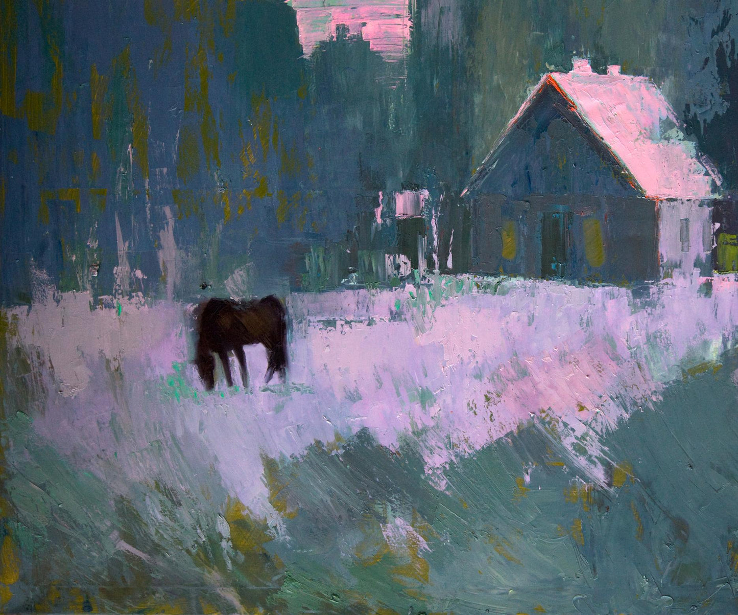 Oil painting Fog in the forest by Natalia Korf-Ivaniuk: dark brown horse in snowy field