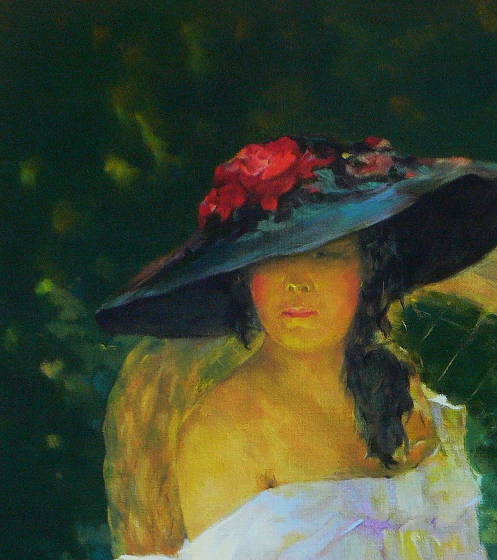 Oil painting of girl in garden with wide-brimmed black hat and red flowers by Vasily Korkishko