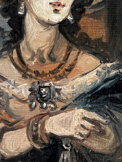 Oil painting portrait of noble woman with ornate black gem brooch by Alexander Litvinov
