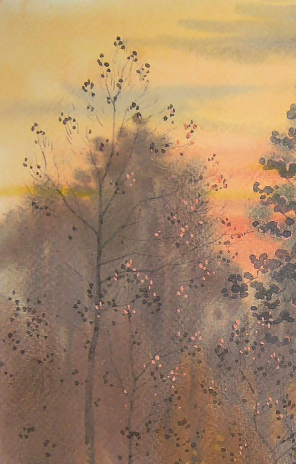 Watercolor painting of autumn twilight forest by Valery Savenets