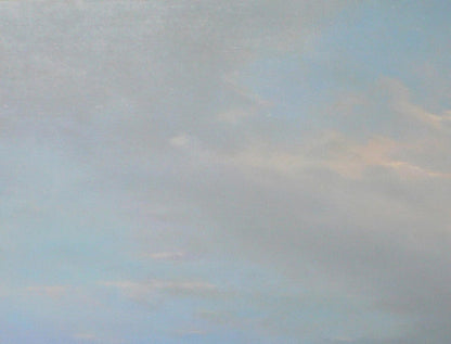 Oil painting of soft wispy white clouds above field by Vasily Korkishko