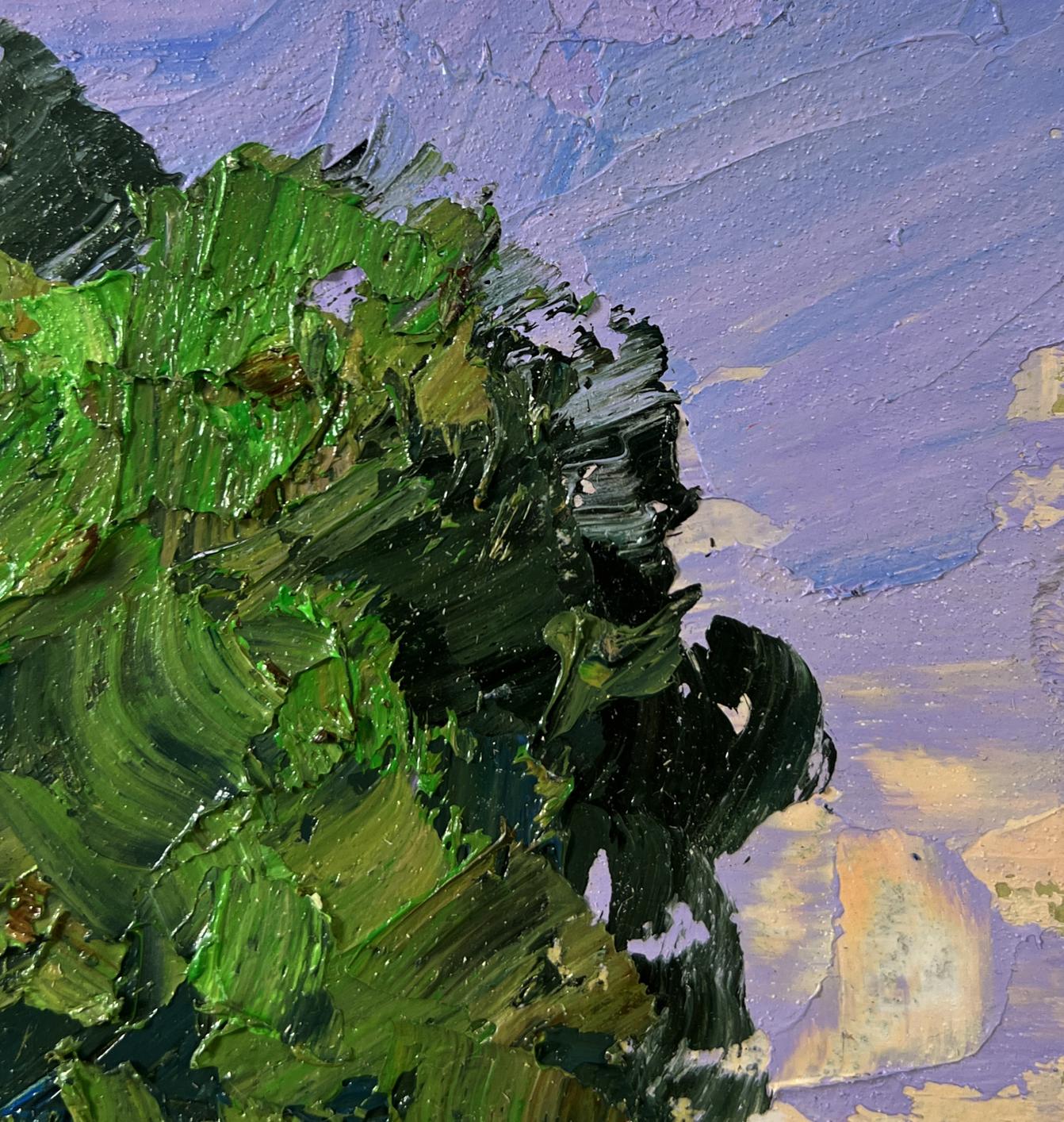 Oil painting of textured green black trees near pond by Boris Serdyuk