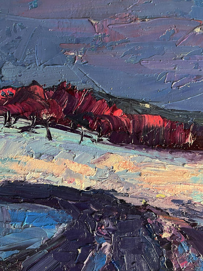 Oil painting Winter evening by Boris Serdyuk: red mountains, purple-blue sky