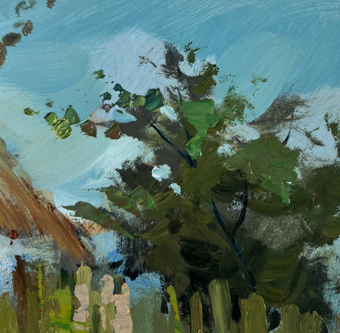 Oil painting Thoughts on the Bench by Yuriy Suprunchuk with green foliage