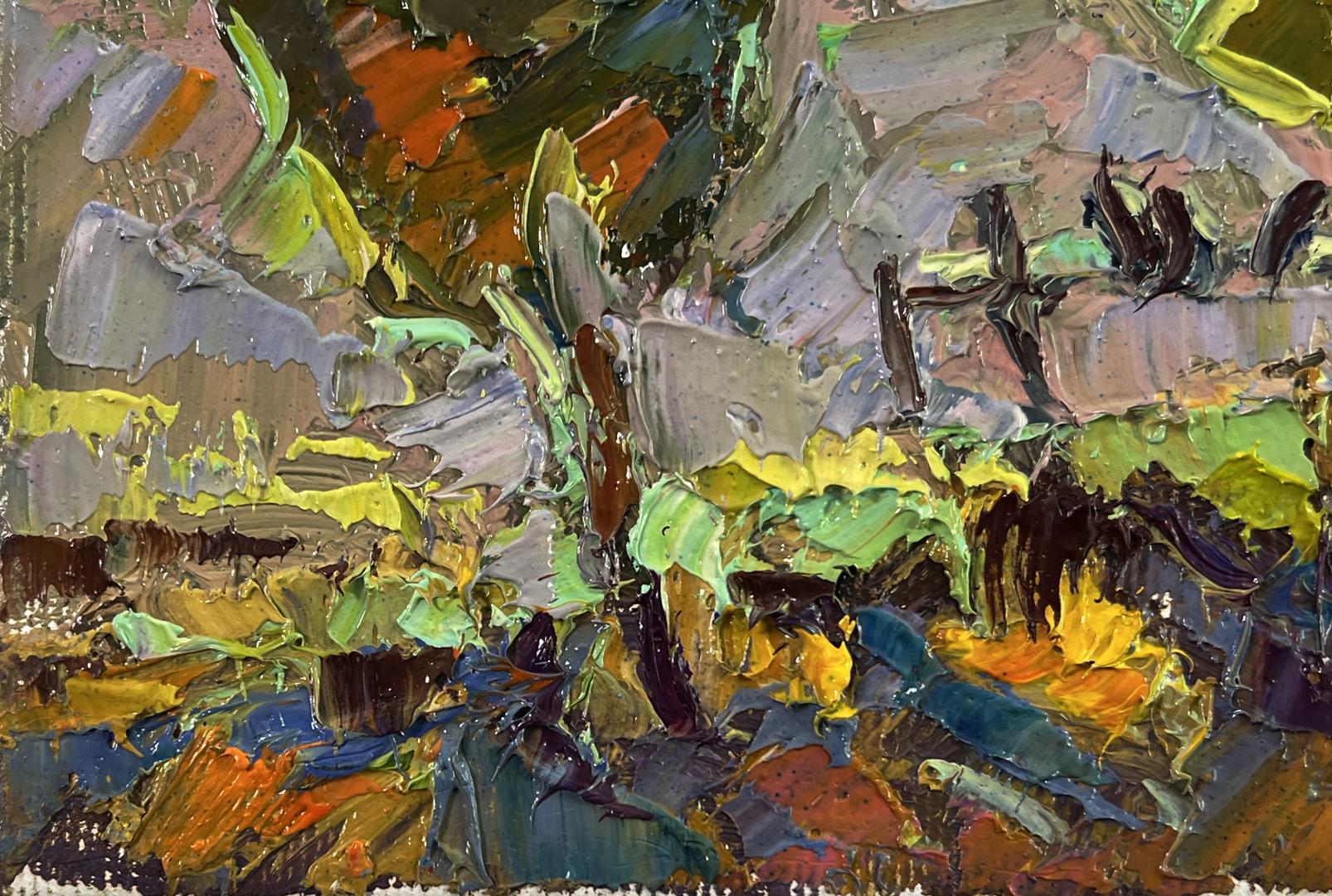 Vibrant oil painting Moonlit night by Oksana Ivanyuk with bold green, yellow, orange, gray brushstrokes