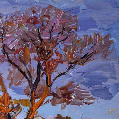 Oil painting Autumn September Days by Boris Serdyuk, textured tree in pink, orange, purple