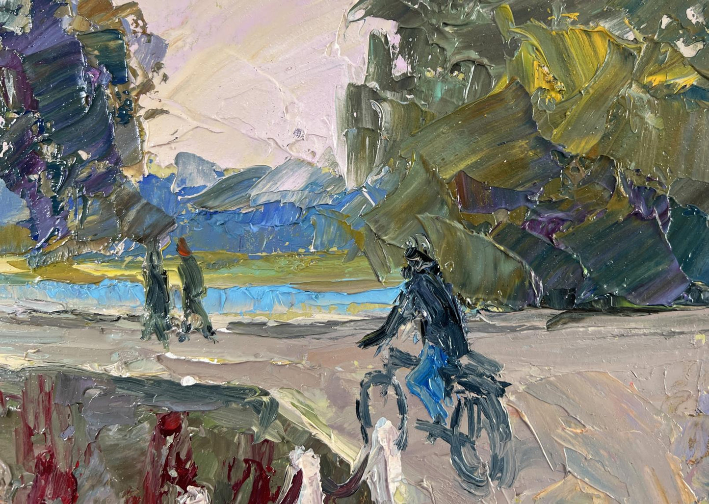 Impressionistic oil painting by Boris Serdyuk: cyclist and pedestrians on city dam evening