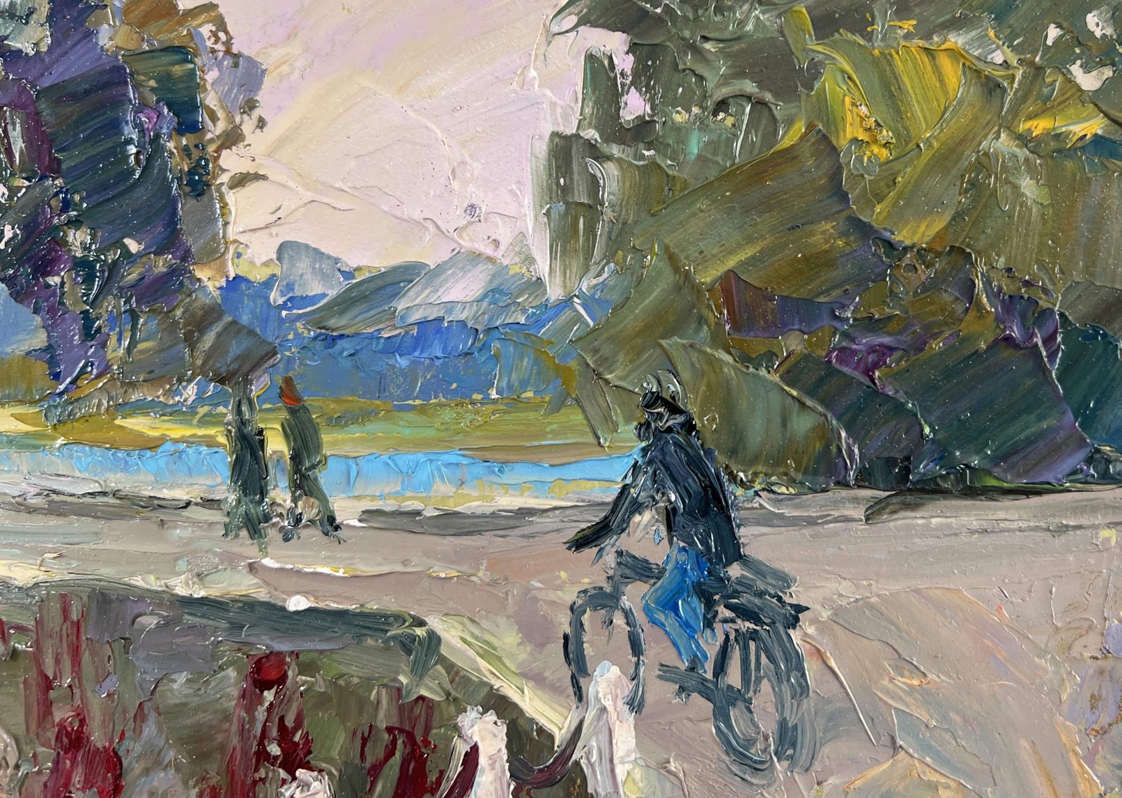 Impressionistic oil painting by Boris Serdyuk: cyclist and pedestrians on city dam evening