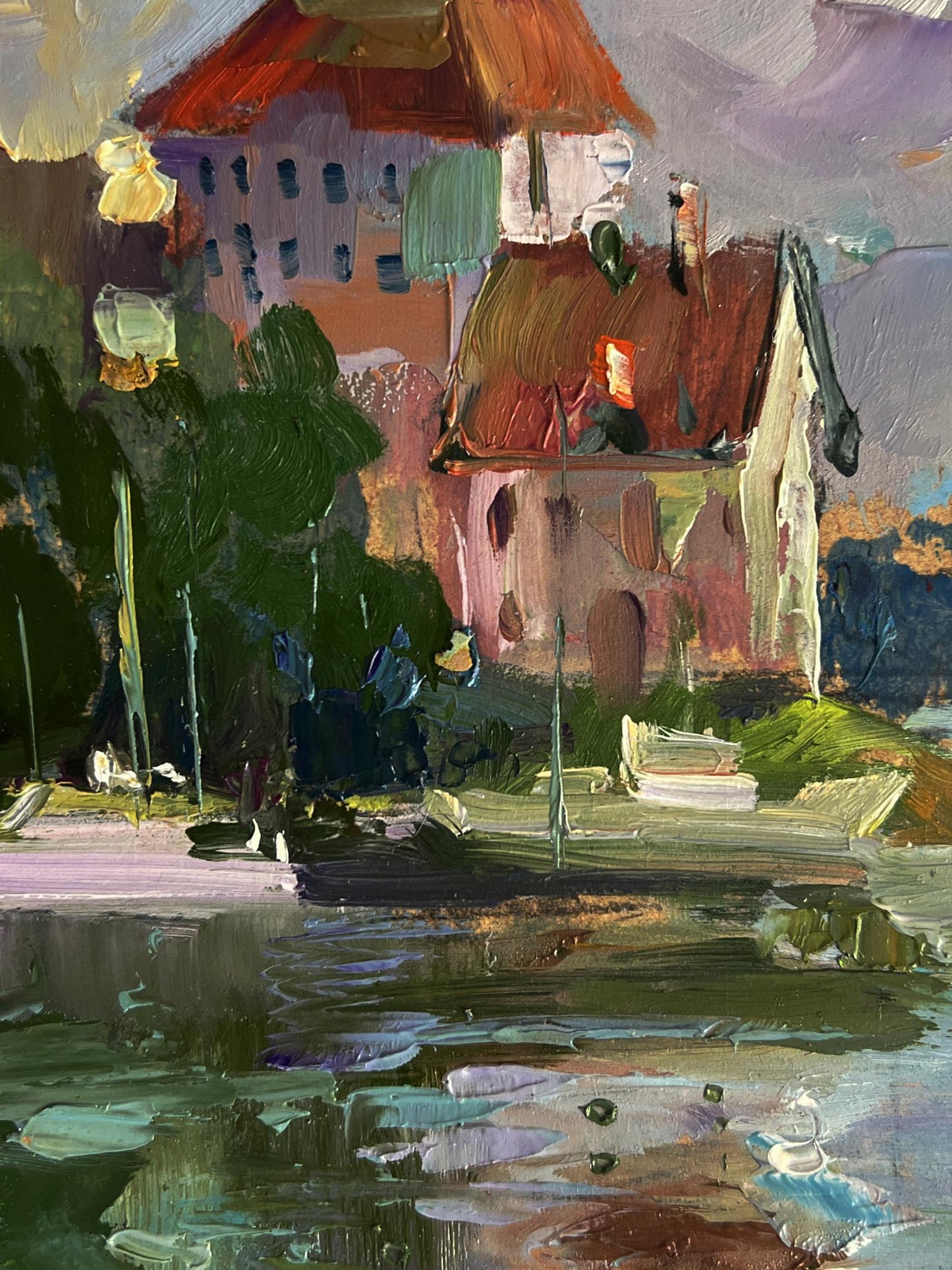Oil painting Houses by the river by Yuriy Suprunchuk vibrant village scene