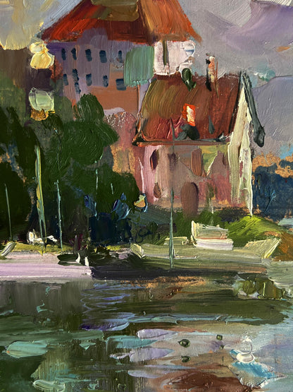 Oil painting Houses by the river by Yuriy Suprunchuk vibrant village scene