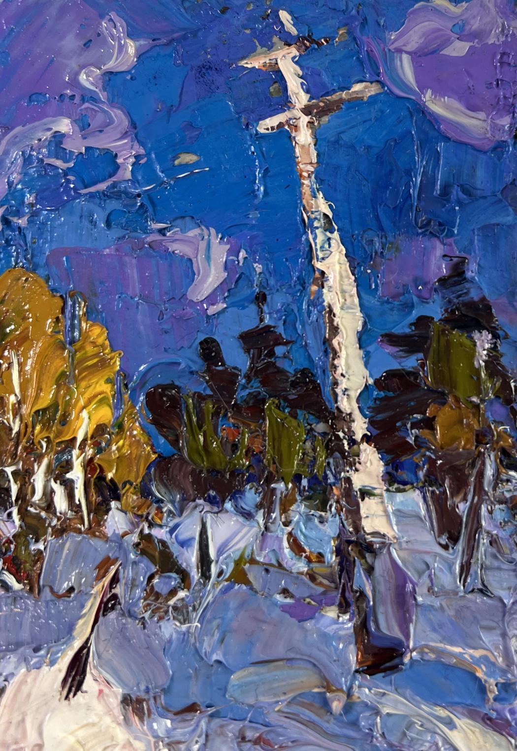 Oil painting Snow enveloping the forest by Oleksiy Ivanyuk with tall white cross