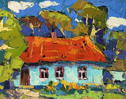 Vibrant oil painting of Oksana Ivanyuk village under summer with orange roof house