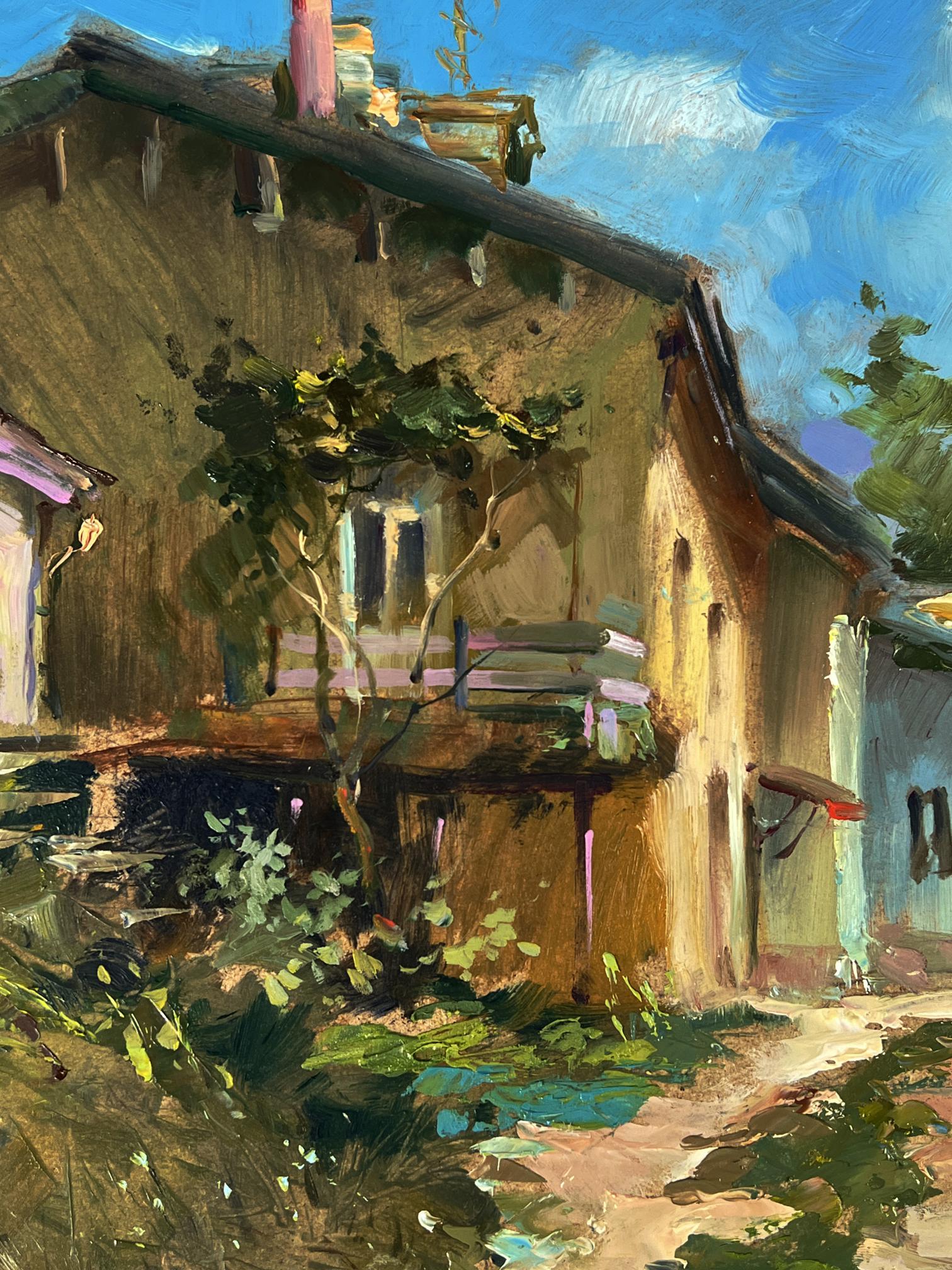 Oil painting of rustic house on city street by Yuriy Suprunchuk