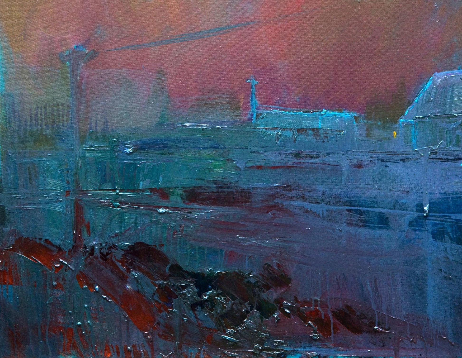 Oil painting Fog over the village by Natalia Korf-Ivaniuk, abstract blues and reds