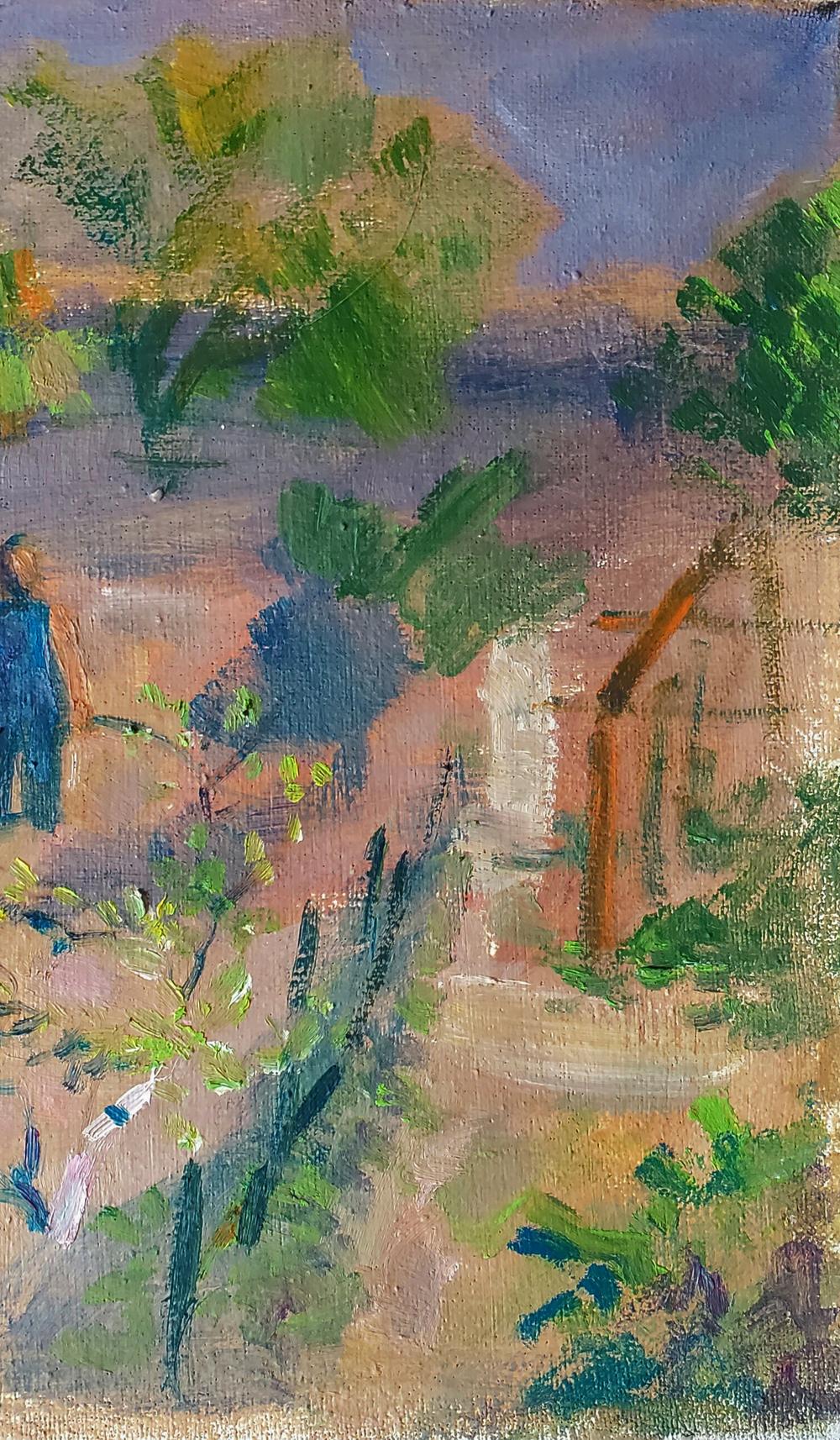 Oil painting In the Garden in Spring by Daniil Litvinov with lush green foliage