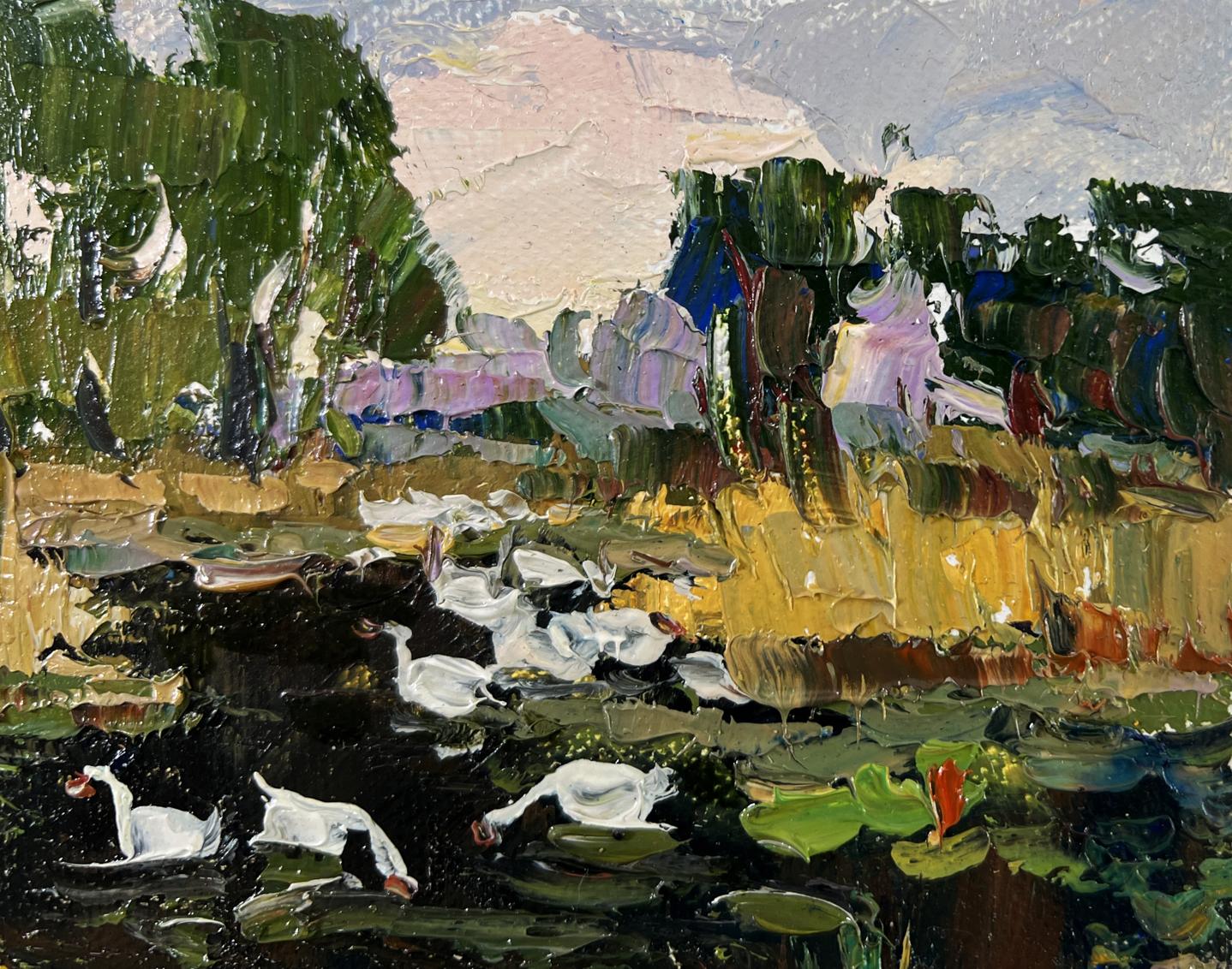 Oil painting Geese in the lake by Oksana Ivanyuk with lily pads