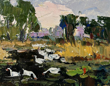 Oil painting Geese in the lake by Oksana Ivanyuk with lily pads