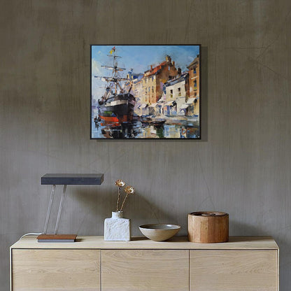 Framed watercolor harbor with tall ship by Volodymyr Gluhomanyuk