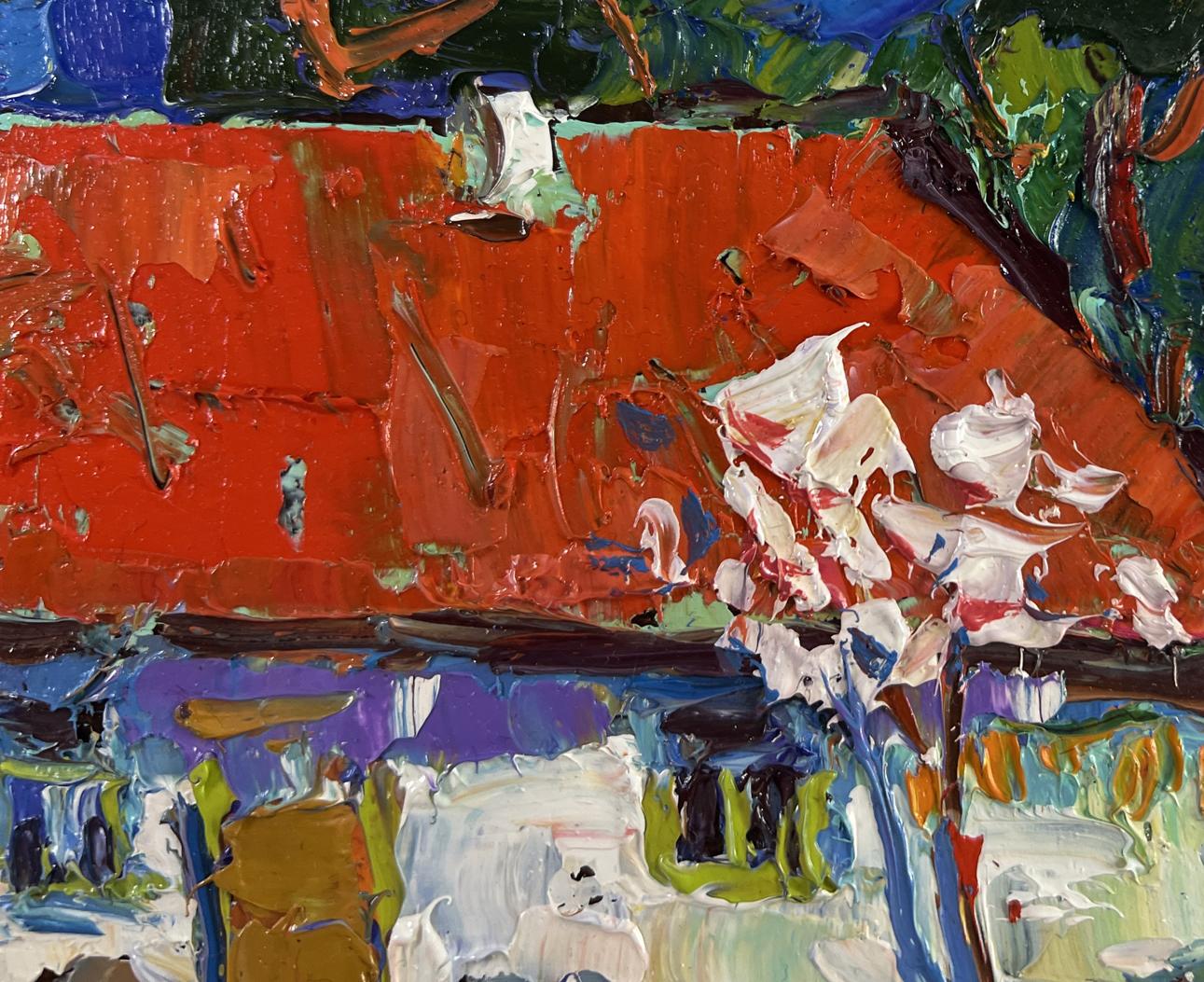 Vibrant Oksana Ivanyuk oil painting Near the house a life of its own with bold red green blue strokes and textured white florals
