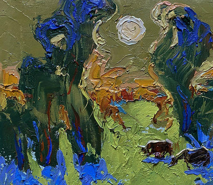 Oil painting After lunch in the field by Oleksiy Ivanyuk with blue green strokes