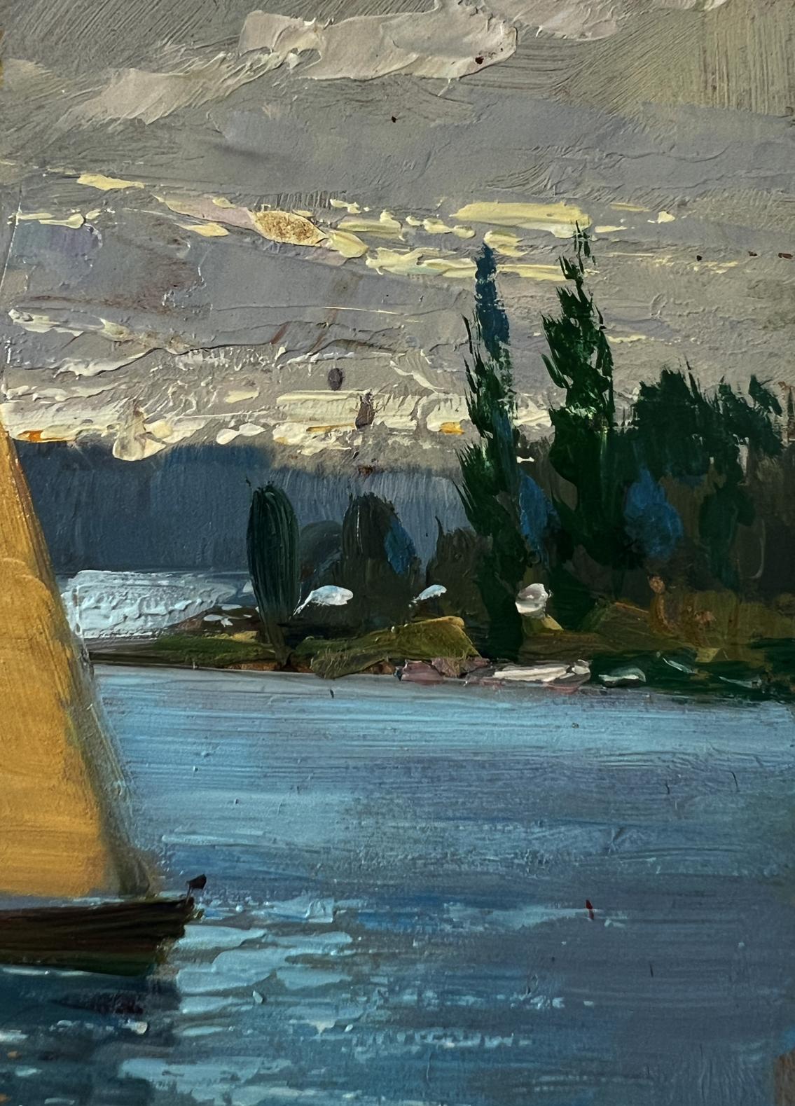 Oil painting of sailboat on river by Yuriy Suprunchuk serene lakeside scene