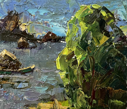 Oil painting Above the Lake by Oleksiy Ivanyuk rocky shoreline impasto