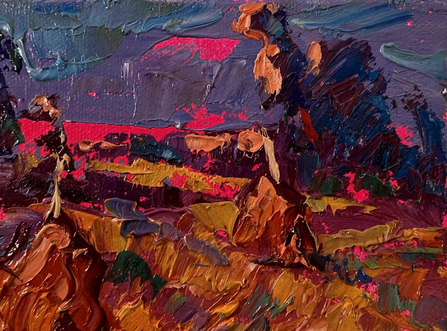 Vibrant Oleksiy Ivanyuk oil painting Sunset over the field in reds purples ochres