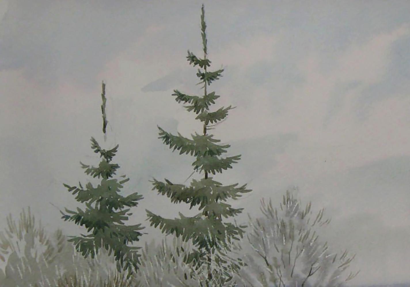 Watercolor of tall slender evergreen in winter forest fog by Valery Savenets