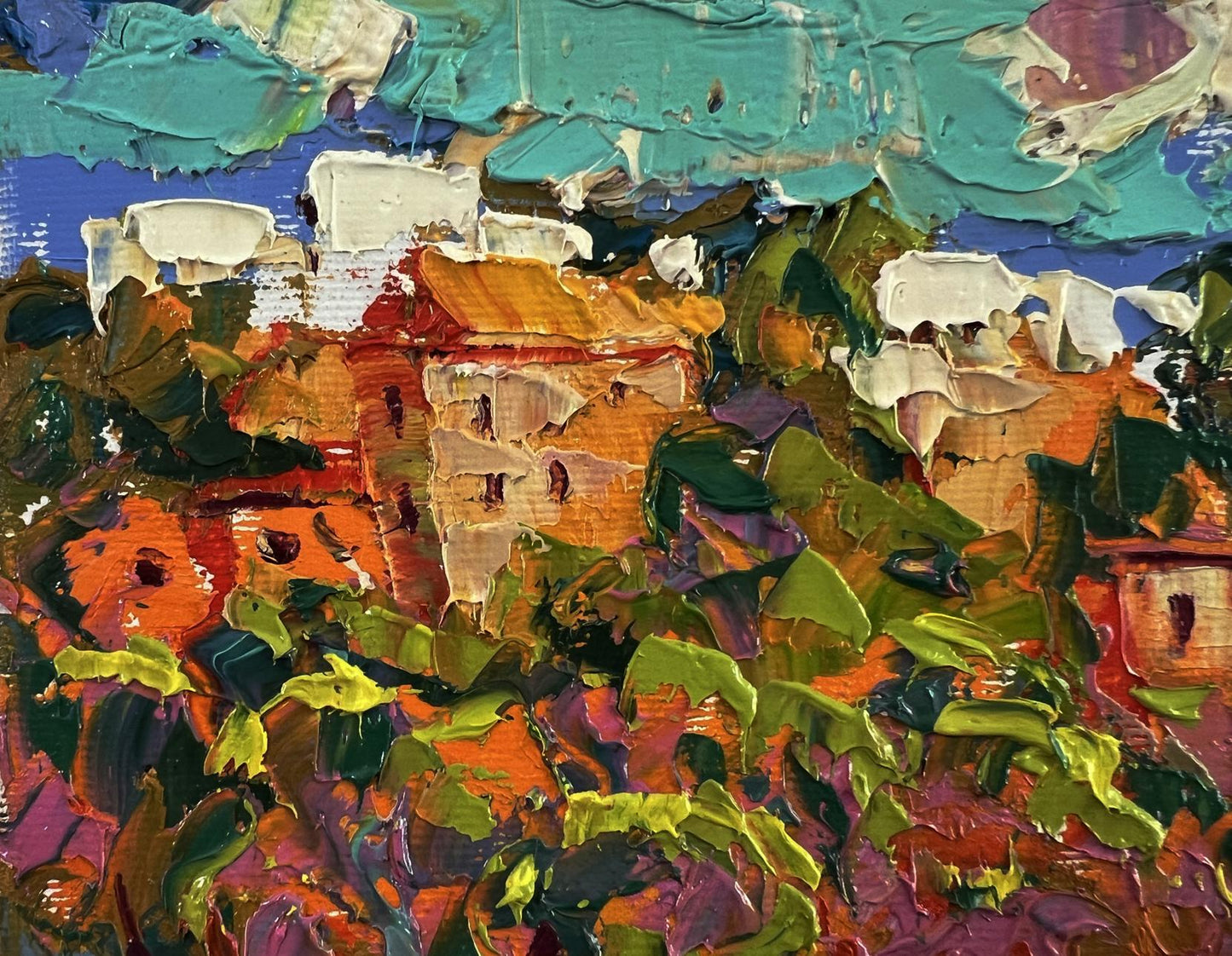 Vibrant impressionist oil painting by Oleksiy Ivanyuk of daytime village dynamics