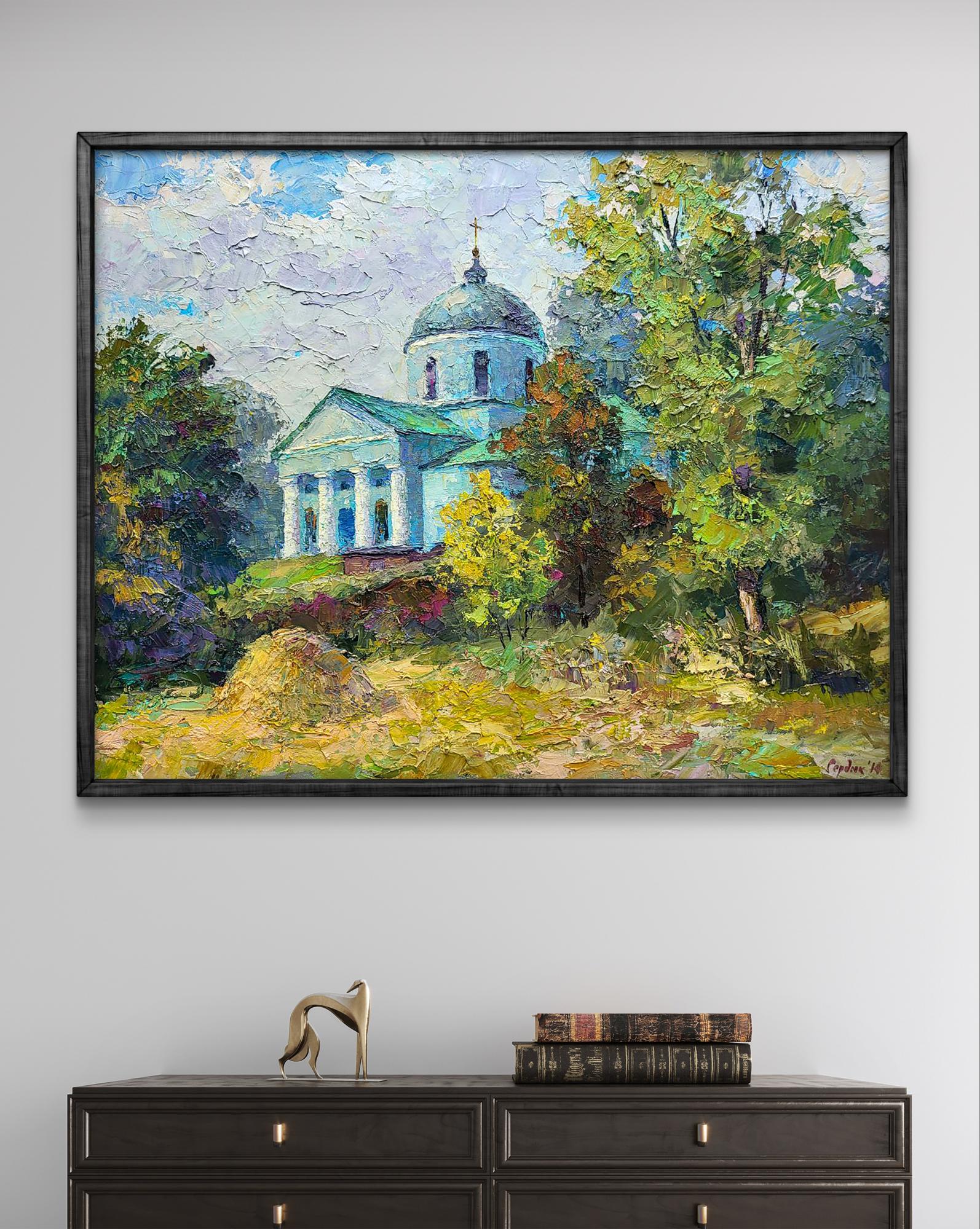 Oil painting of Ascension Cathedral by Boris Serdyuk, impasto blue dome and trees