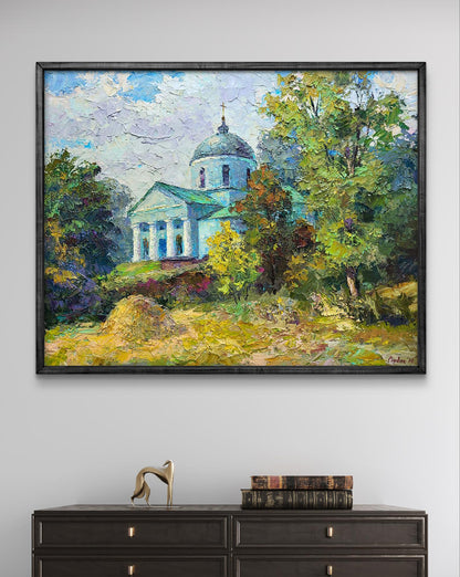 Oil painting of Ascension Cathedral by Boris Serdyuk, impasto blue dome and trees