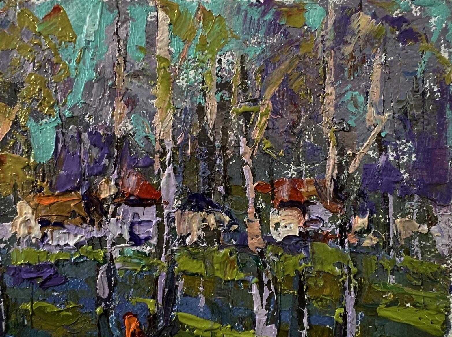 Quiet rural forest oil painting by Oksana Ivanyuk with textured abstract trees
