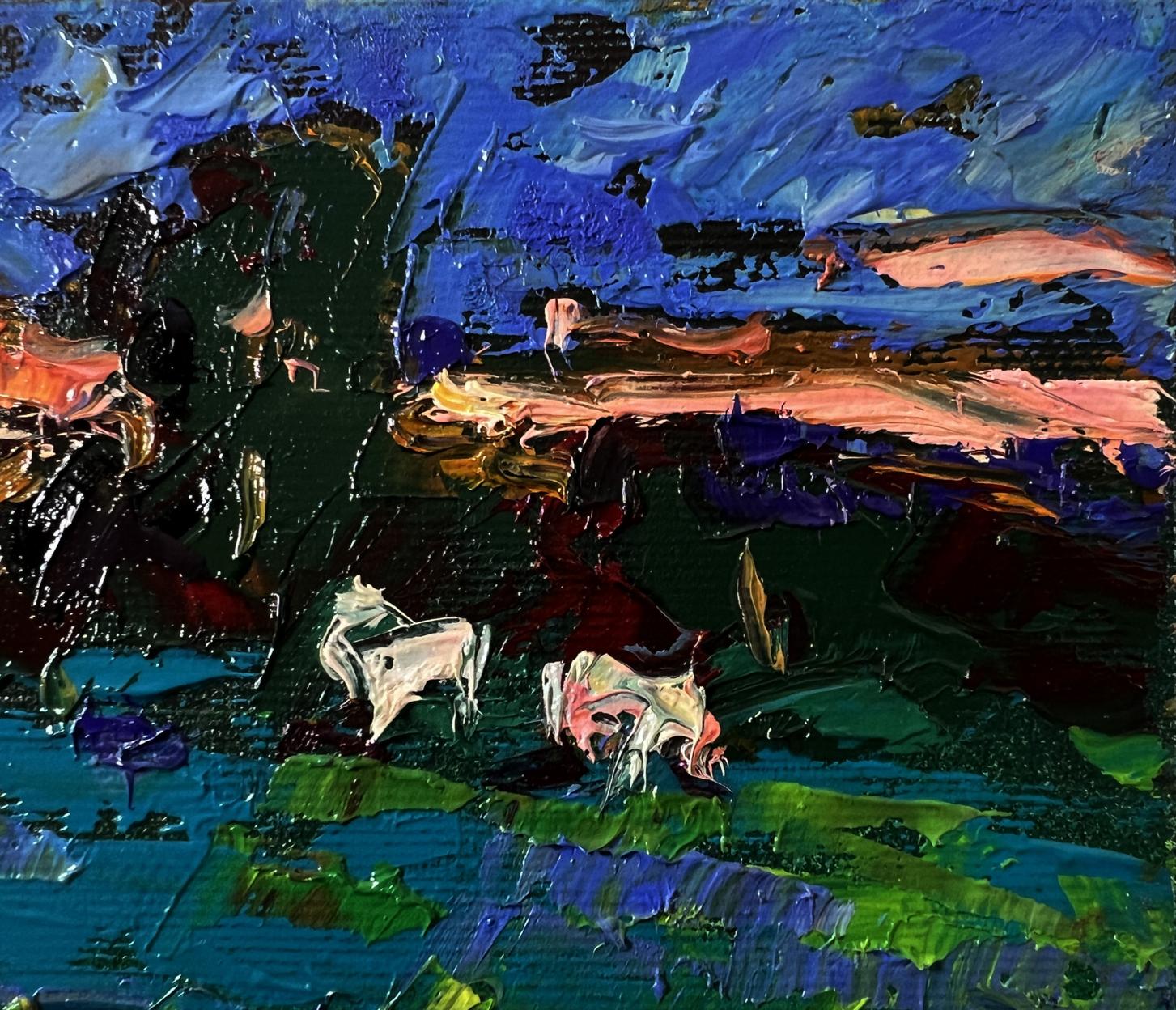 Oil painting Night Meadows by Oleksiy Ivanyuk with white horses