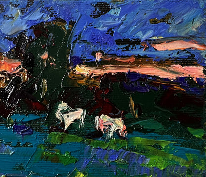 Oil painting Night Meadows by Oleksiy Ivanyuk with white horses