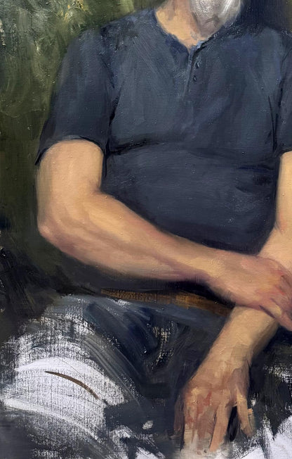 Dark navy blue short-sleeved henley shirt in Oil painting Thoughts of Jose Annam Butt