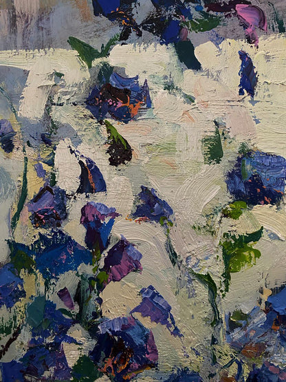 Oil painting Twisted gentlemen by Oksana Ivanyuk with blue purple green flowers