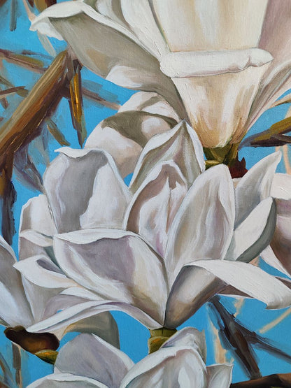Oil painting White Magnolias Oksana Sklym close-up with white petals on blue