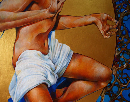 Oil painting Merger of two moons by Konsta G. Amelinn, figure in white on gold