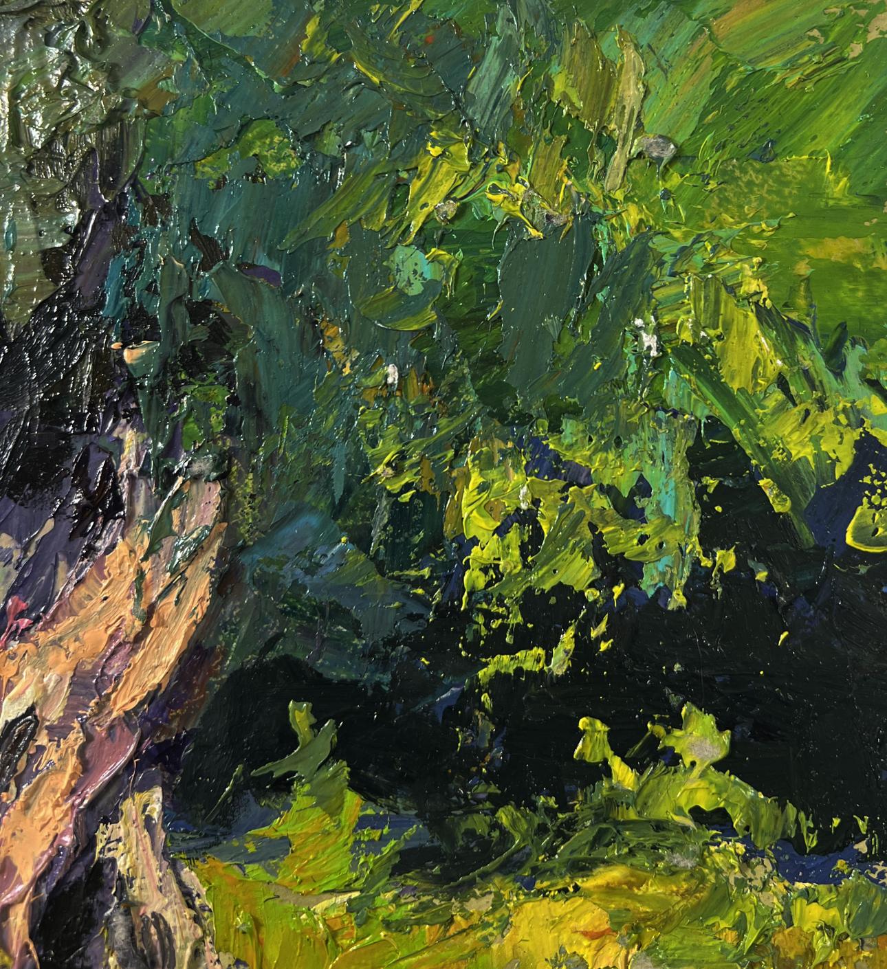 Oil painting of tree near river by Boris Serdyuk, textured greens and yellows