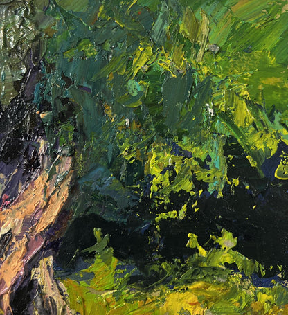 Oil painting of tree near river by Boris Serdyuk, textured greens and yellows