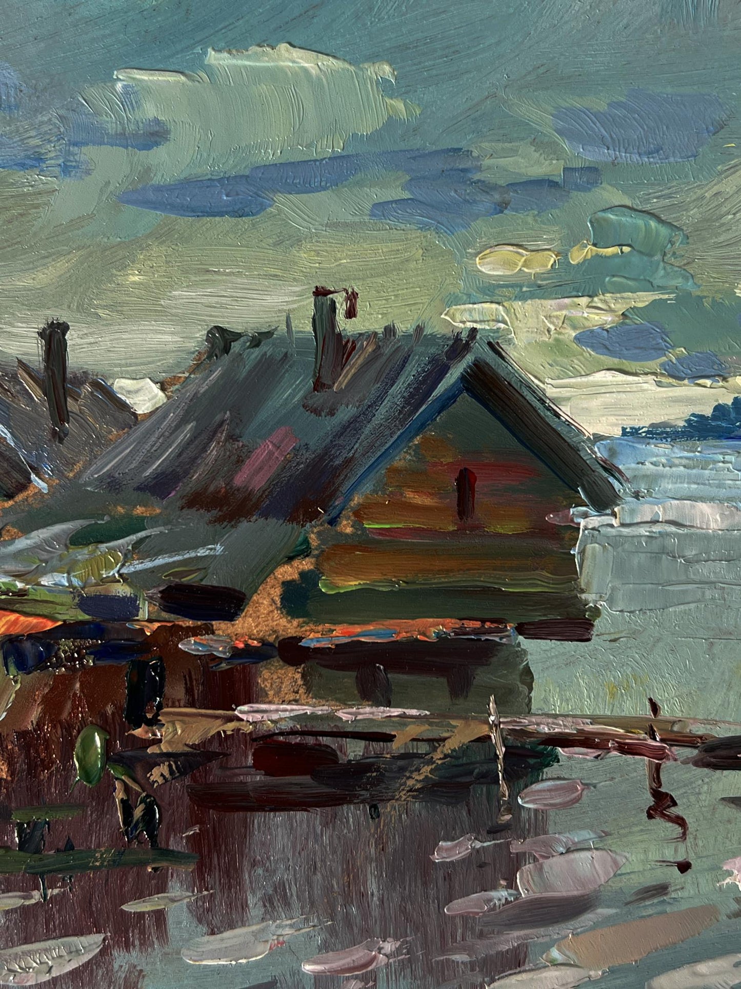 Impressionistic oil painting by Yuriy Suprunchuk of rustic house on water