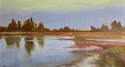 Serene oil painting Evening by the River by Tatyana Derdey, tranquil lake reflection