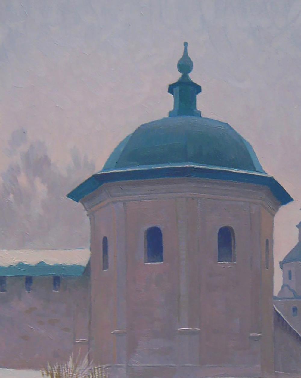 Oil painting Winter Church by Valery Savenets, stone tower with teal dome