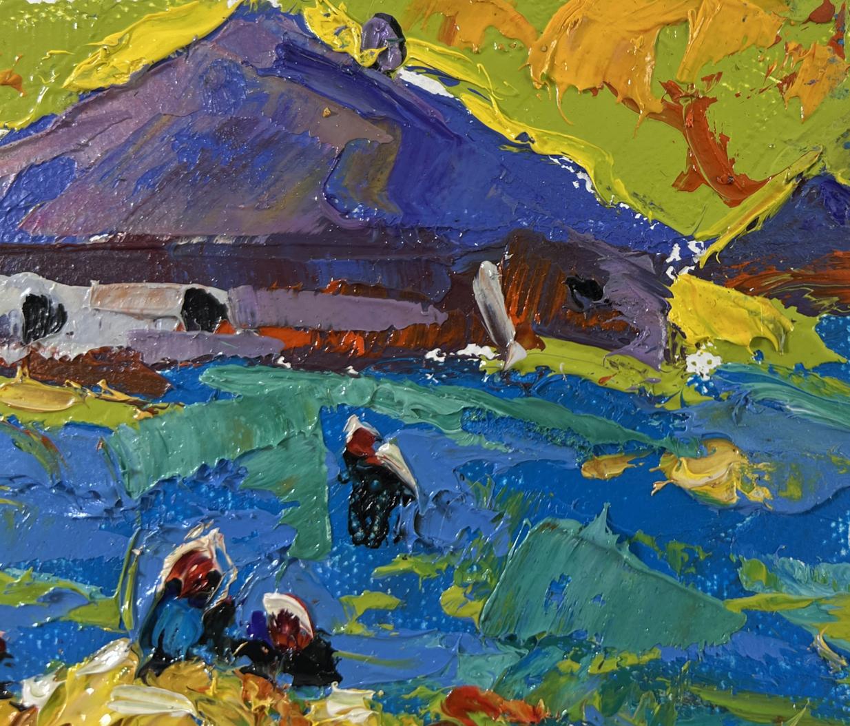 Vibrant Golden Harvest oil painting by Oleksiy Ivanyuk: impressionist mountains